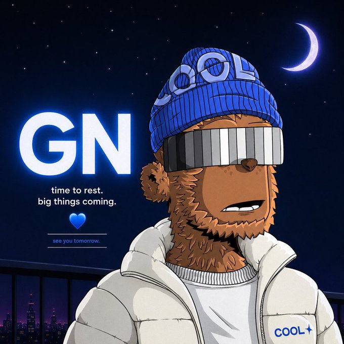 An illustration of a brown bear character wearing a blue 'COOL' beanie and a white puffer jacket against a starry night sky with a crescent moon, with text reading 'GN time to rest. big things coming.'