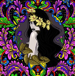 A stylized digital illustration of a woman with long black hair and yellow flowers in her hair, surrounded by a vibrant, colorful paisley and floral pattern with birds.