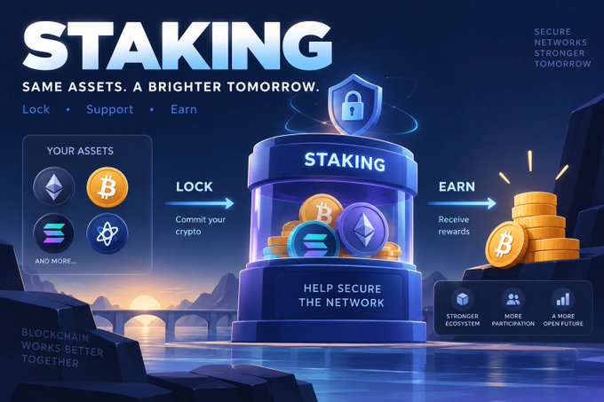 A vibrant blue-themed infographic illustrates the concept of crypto staking, prominently featuring the headline "STAKING: Same Assets. A Brighter Tomorrow" with a flow showing "Lock → Commit your crypto → Earn → Receive rewards" using crypto icons including Ethereum, Bitcoin, Solana, and ATOM, reinforcing the post's message that staking simply involves committing crypto to support a blockchain network and earn rewards.