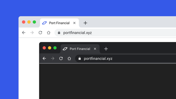 A blue-themed web browser view showing two tabs open for 'Port Financial' at portfinancial.xyz, with one in light mode and one in dark mode.