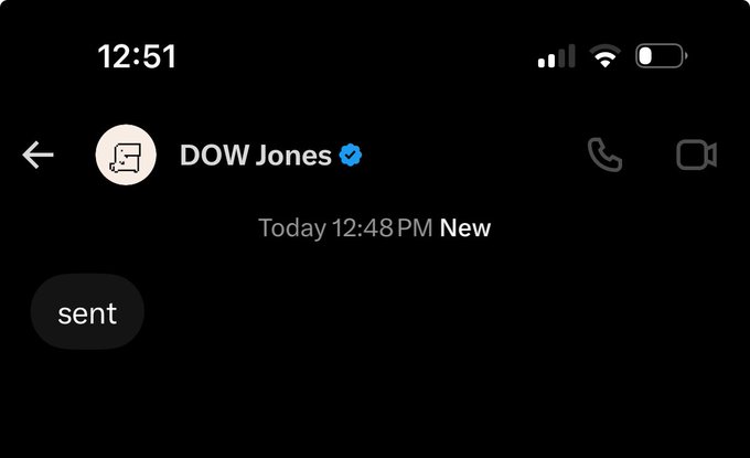 A dark-themed messaging app screenshot showing a conversation with "DOW Jones" (verified) at 12:51, where the user sent the word "sent" at 12:48 PM New. The image supports the post about airdropping NFTs from @dinosofwallst, appearing to capture the moment the sender confirmed delivery of the giveaway to this contact.