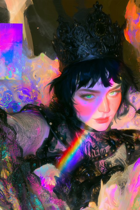 A colorful digital painting of a figure with dark hair and a black crown, featuring striking green eyes and illuminated by a rainbow light against a vibrant, abstract background.