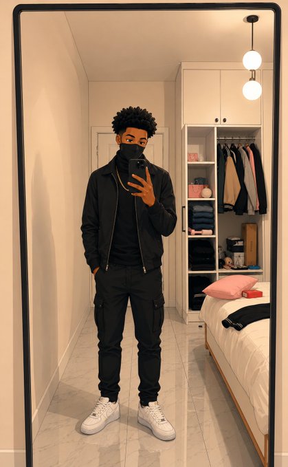 The image features a man taking a selfie with his cell phone in front of a mirror while wearing black clothes, including pants and a jacket. The room has white walls and a bed visible in the background. The caption for this image reads "$RIVER season 5 is entering its final stretch, and the energy across @River4fun is impossible to ignore. creators are more active, participation is increasing, and the community keeps showing up every day."