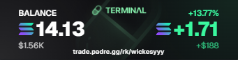 A dark-themed digital dashboard showing a "BALANCE" of "$14.13" ($1.56K) and a "TERMINAL" profit of "+$1.74" (+13.77%, +$0.88), with a trading URL at the bottom.