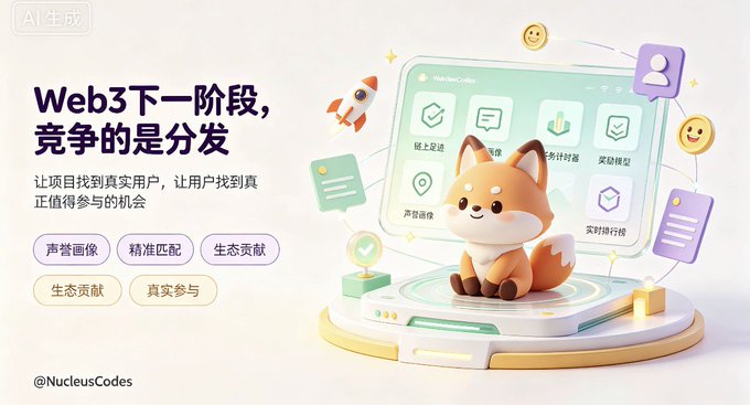A 3D-rendered Shiba Inu sits atop a circuit-board platform in front of a translucent dashboard labeled "Nucleus Codes," which displays icons for "链上发证," "投智," "赏金计划源," "奖励赚取," "声誉画像," and "实时排行榜." The bold headline reads "Web3下一阶段，竞争的是分发" ("The next phase of Web3, the competition is distribution"), with subtext stating "让项目找到真实用户，让用户找到真正值得参与的机会," and feature tags including "声誉画像," "精准匹配," "生态贡献," and "真实参与," crediting "@NucleusCodes."

The image visually reinforces the post's thesis by symbolizing how NucleusCodes tackles Web3's core distribution problem—pairing trustworthy projects (represented by the glowing interface) with real users (the dog mascot) through reputation-based matching and reward mechanisms.