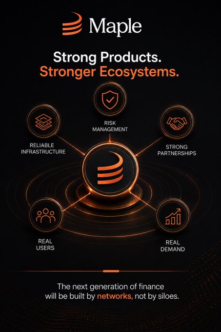 A promotional graphic for 'Maple' featuring the text 'Strong Products. Stronger Ecosystems.' showcases five pillars: Risk Management, Strong Partnerships, Real Demand, Real Users, and Reliable Infrastructure.