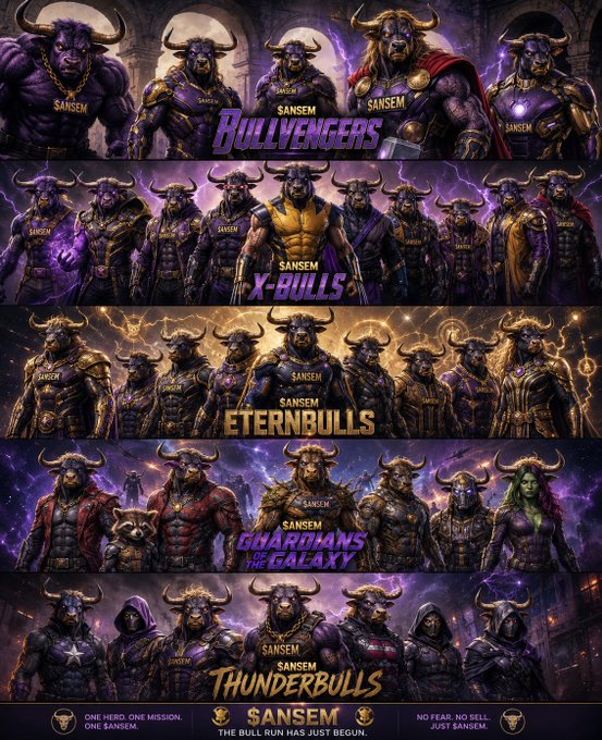 A Sansem promotional graphic showcasing five bull-themed NFT collections: Bullvengers, X-Bulls, Eternbulls, Guardians of the Galaxy, and Thunderbulls, with the tagline 'One hero. One mission. One Sansem.'