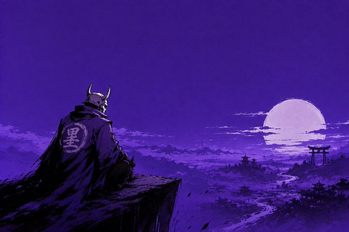 An anime-style illustration shows a figure in samurai armor with horns and a cape bearing the kanji "黒" (black), overlooking a purple-hued landscape with a torii gate and a large full moon.