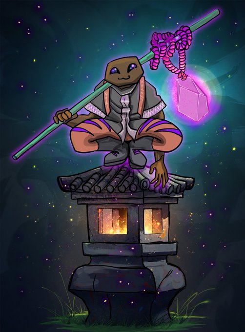 A cartoon turtle-like character with glowing purple eyes sits cross-legged on a stone lantern, wielding a green staff with a pink rope and crystal against a starry night background.