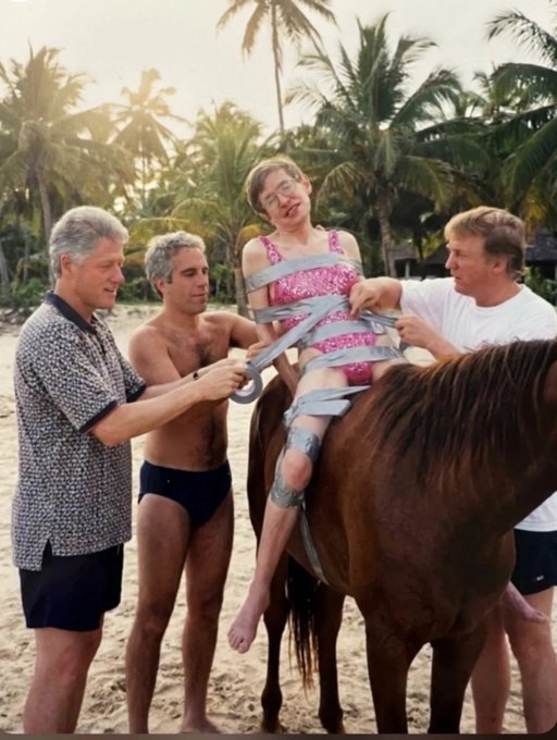 A photoshopped humorous image on a tropical beach showing former presidents Bill Clinton, Donald Trump, and others taping a person in a pink swimsuit to a horse.