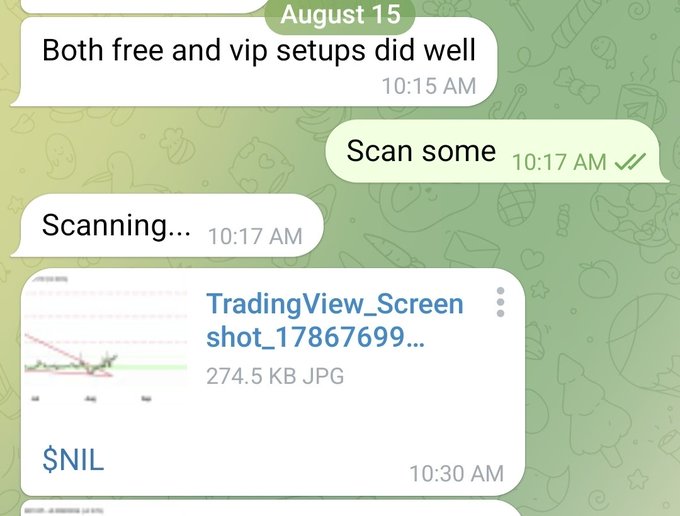 A WhatsApp chat dated August 15 shows a trader messaging "Both free and vip setups did well" before sending a TradingView screenshot of a chart analysis. The image relates to the post's context of missing a quick 20% move on $NIL, as the chat captures the moment of scanning and analyzing the stock.