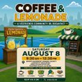 A colorful promotional graphic for 'COFFEE & LEMONADE' crypto presale event on August 8, featuring a lemonade stand illustration.