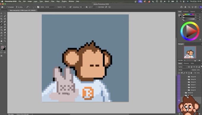 A screenshot of Adobe Photoshop 2026 shows a pixel art work-in-progress of a brown monkey character wearing a light blue shirt with an orange logo, displayed alongside the software's interface panels.