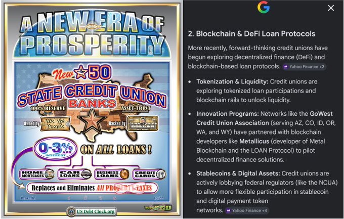 The image shows a poster or flyer for a new era of prosperity, which includes information about credit unions as the future of lending. The poster also features a map with the words "State Credit Union" written on it.