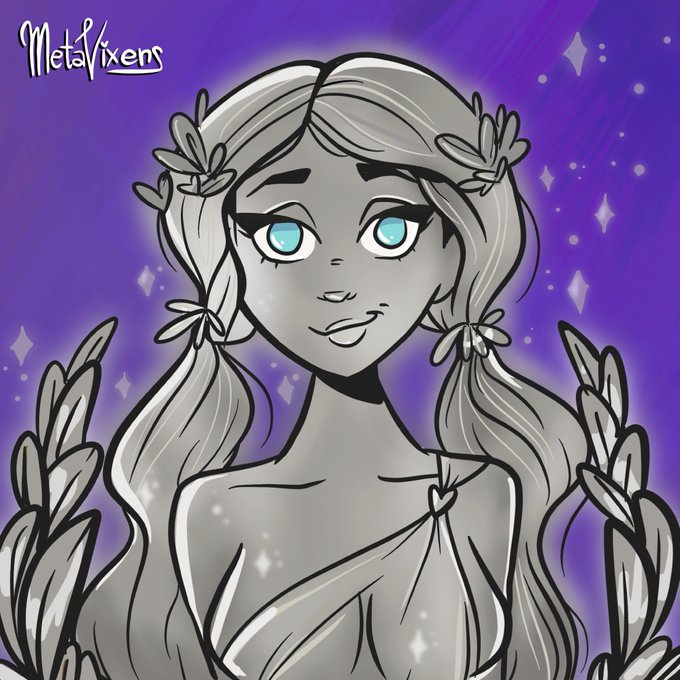 A greyscale digital illustration of a female character named 'MetaVixens' with flowers in her hair, set against a sparkling purple background.