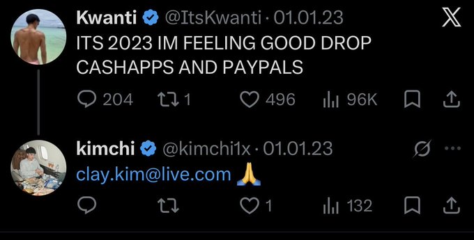 The image displays two Twitter posts from January 1, 2023, one from Kwanti asking for Cashapps and Paypals, and another from Kimchi sharing an email address. The phrase "1 sol and a dream" likely refers to a cryptocurrency (Solana or "sol") and a financial aspiration, connecting to Kwanti's request for money transfers.
