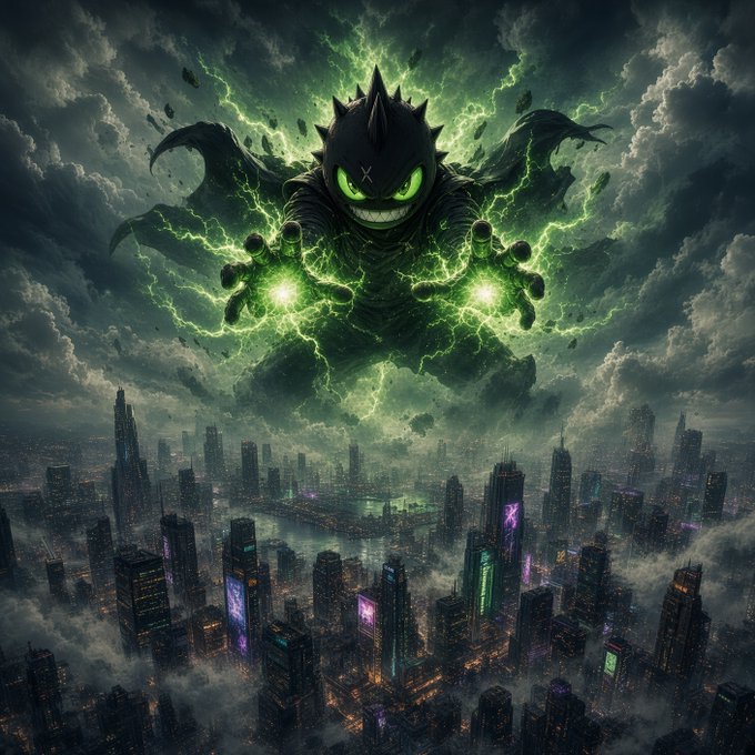 A massive dark monster with glowing green eyes and energy emanating from its claws looms over a cityscape, with green lightning crackling in the stormy sky above.