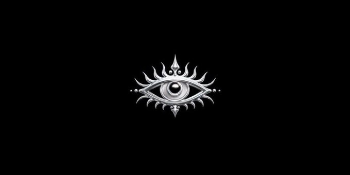 A silver stylized eye emblem with flame-like rays surrounding it, set against a solid black background.