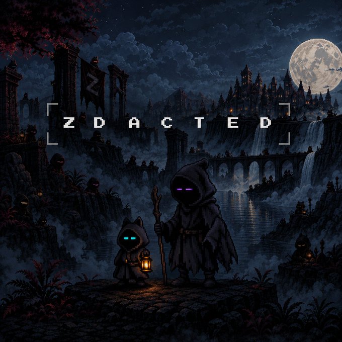A pixel art style digital illustration featuring hooded figures in a dark fantasy landscape with a castle, waterfalls, and a full moon, with the text 'ZDACTED' displayed across the center.