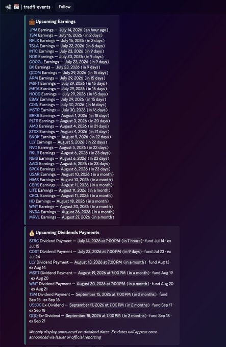 A screenshot from the Variational Discord's #tradi-events channel listing upcoming earnings reports and dividend payments, with TSM and NFLX earnings highlighted for this week (July 14-16) and TSLA, INTC, NOK, GOOGL, and BX earnings scheduled for next week, supporting the post's announcement about the new earnings and dividend tracking channel.