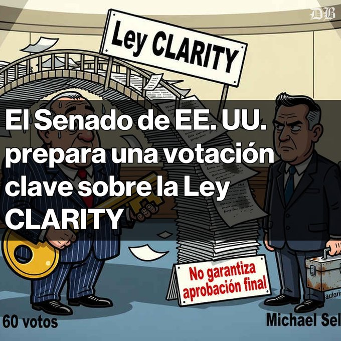 A political cartoon illustration with Spanish text reading "El Senado de EE. UU. prepara una votación clave sobre la Ley CLARITY", featuring two men, a stack of papers, and a "No garantiza aprobación final" sign.