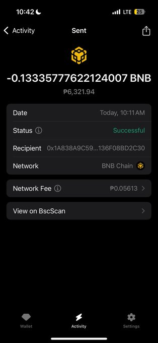 A screenshot of a crypto transaction activity page shows a successful sent transfer of -0.133357776221240007 BNB (₽6,321.94) to address 0x1A838A9C59...136F08BD2C30 on the BNB Chain network, with a network fee of ₽0.05613. The image relates to the user's concern about mistakenly sending BNB to an Ethereum (ETH) address instead of a BNB Chain address, as the recipient address shown may belong to the wrong network.