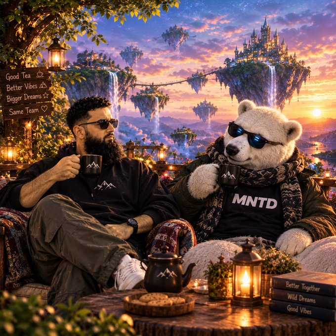A fantasy digital artwork depicts a bearded man in sunglasses sitting next to an anthropomorphic polar bear wearing sunglasses and a 'MNTD' shirt, both holding mugs in a cozy setting with floating islands and a castle in the background.