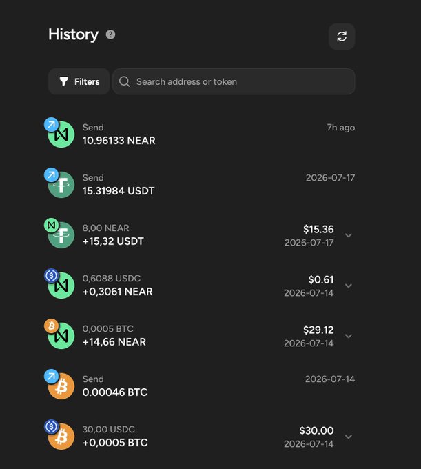 A transaction history screenshot displaying various cryptocurrency swaps, including sends of 10.96133 NEAR and 15.31984 USDT, plus multi-token trades pairing NEAR with USDT, USDC, and BTC (e.g., 8 NEAR for 15.32 USDT, 0.6088 USDC for 0.3061 NEAR) dated between 2026-07-14 and 2026-07-17. The history visually demonstrates the "one action" experience described in the caption, showing how $NEAR Intents consolidates multi-step swap routes into single, chain-agnostic transactions without separate deposit or withdrawal steps.