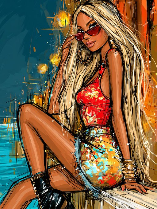 An expressive digital illustration depicts a stylish woman with long blonde hair, red sunglasses, a red floral top, and a colorful patterned skirt sitting in a vibrant setting.