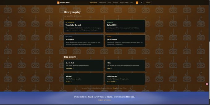 The image shows the "How you play" and "The doors" sections of a website called "Hooked Miner," featuring game mechanics like taking the pot, claiming later ETH, and play/referral bonuses, with sections detailing "Get Hooked," "Claim," and "Machine" elements. It appears to be related to the "Hooked Bitcoin" research report by introducing the gameplay mechanics and rewards structure of the Hooked ecosystem.