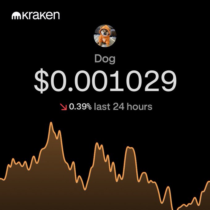 A Kraken cryptocurrency app interface displaying the price of Dog (Dogecoin) at $0.001029, showing a 0.39% decrease in the last 24 hours.