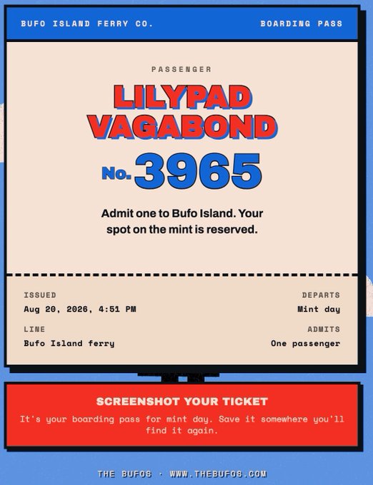A stylized digital boarding pass from "Bufo Island Ferry Co." admitting passenger "Lilypad Vagabond" (No. 3965) for the Bufo Island ferry, departing "Mint day." The ticket relates to the post by serving as a boarding pass for THE BUFOS' mint day event, made possible through their Wackyville citizen perks.