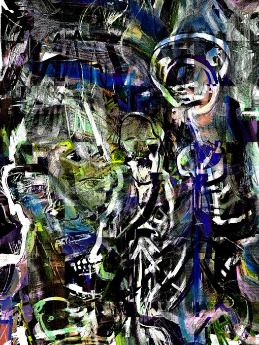 A chaotic, abstract painting combines dark and bright colors, featuring overlapping faces, distorted features, and swirling brushstrokes.