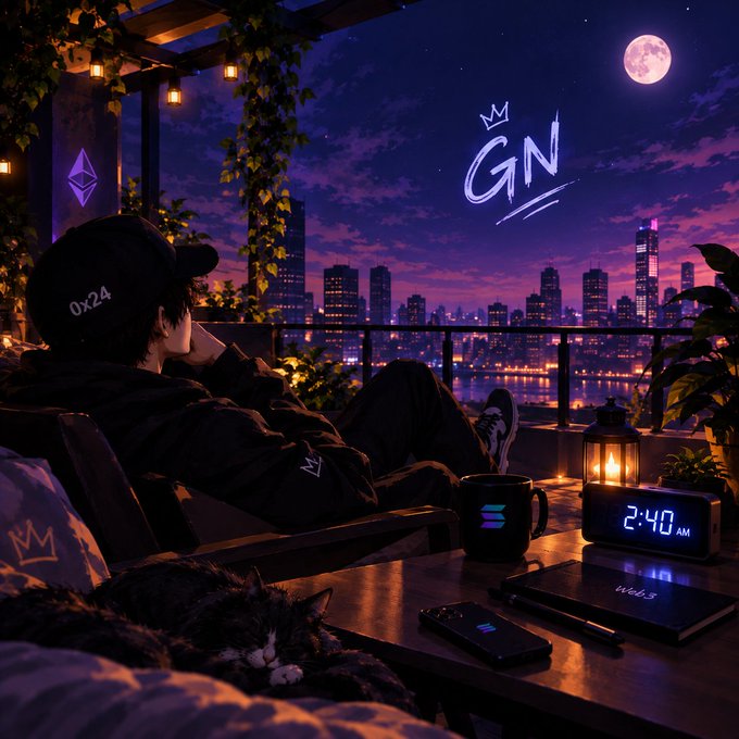 Anime-style digital artwork of a person in a black hoodie sitting on a rooftop at night, overlooking a city skyline with a full moon, accompanied by a sleeping cat, a digital clock reading '2:40 AM', and 'GN' text in the sky.