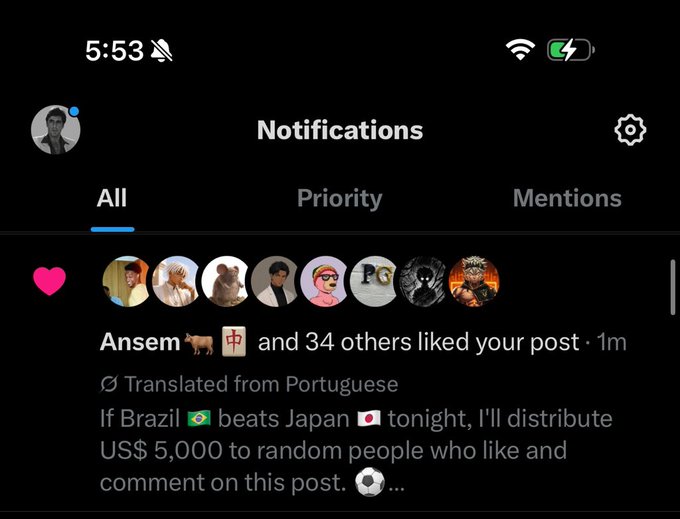 A screenshot of Instagram notifications shows that "Ansem 🐂 and 34 others liked your post" about a giveaway where the user promises to distribute $5,000 if Brazil beats Japan. The image relates to the accompanying post by demonstrating the social engagement Ansem generates, which fuels the poster's belief in the "$ANSEM" token despite the creator's bio stating "nothing for you."