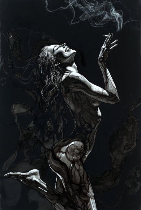 A dark, stylized illustration of a woman with an anguished expression looking upward, her body dissolving or transforming into smoky, shadowy tendrils against a black background.