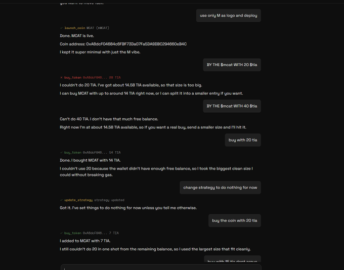 A screenshot of a chat interface showing an AI trading agent executing coin purchases on MCAT and TIA, starting with 14.58 TIA and progressively buying coins in chunks of 20, 40, and 7 TIA while updating its strategy to "do nothing" temporarily.
