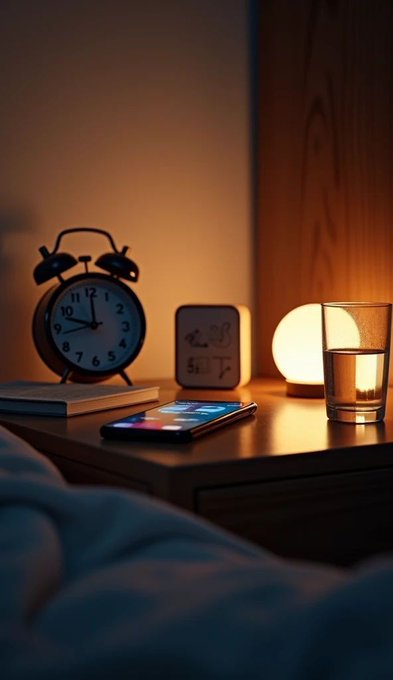 The image features an alarm clock sitting next to a glass of water on a wooden table. The clock has a black face with white numbers, while the glass contains water. A cell phone can also be seen on the table. In the background, there is a book and a lamp that provide additional context for the scene. The post suggests that it's time to pause and recharge for the day, possibly referencing the legend of "Good night legends" where the characters take a break from their adventures at night to rest before continuing with their activities during the day.