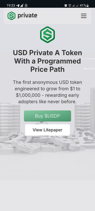 The image shows a mobile webpage for "USD Private A Token With a Programmed Price Path," featuring a green logo and description stating it's the first anonymous USD token engineered to grow from $1 to $1,000,000. It includes buttons to "Buy $USDP" and "View Litepaper," directly illustrating the post's description of the project's fixed, programmed price path from $1 to $1M over four years.