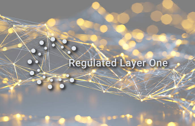 A digital graphic displaying 'Regulated Layer One' text alongside a circular dotted logo, set against a glowing network of connected golden nodes.