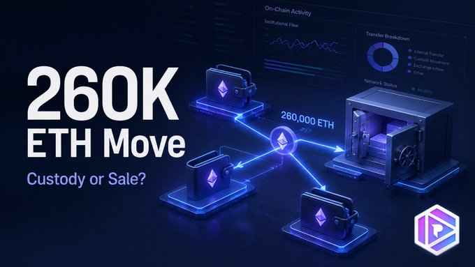 A graphic titled '260K ETH Move' with the subtitle 'Custody or Sale?', showing 3D digital wallets and a vault connected by glowing lines, along with a dashboard displaying 'On-Chain Activity'.