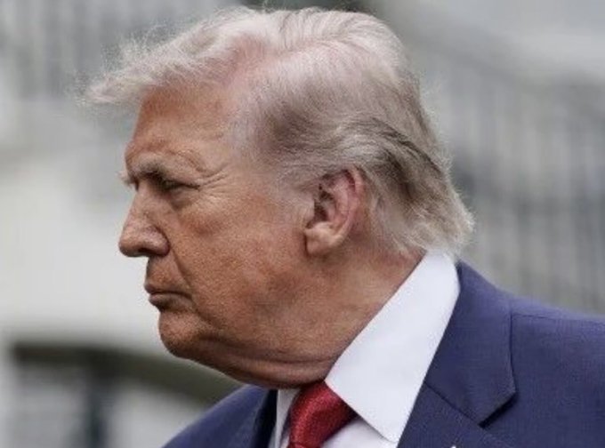 A side profile photograph of Donald Trump wearing a dark suit and red tie, with his characteristic blonde hair visible.