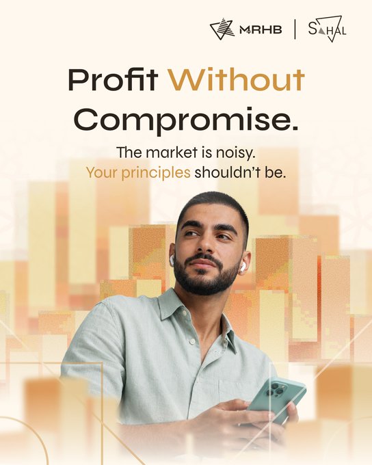 An advertisement featuring a man holding a smartphone with text reading 'Profit Without Compromise. The market is noisy. Your principles shouldn't be.' and logos for MRHB and SAHAL at the top.