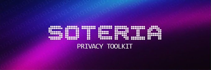 A purple and pink banner with binary code background displays 'SOTERIA PRIVACY TOOLKIT' in white dot-matrix style lettering.