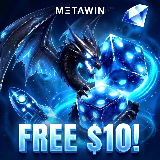 A promotional graphic for MetaWin features a fierce blue dragon clutching glowing dice and a futuristic spaceship, with the bold text "FREE $10!" at the bottom, visually enticing users to claim a reward from their MetaMax Discretionary Box after playing MetaWin Original mini games in the past week.