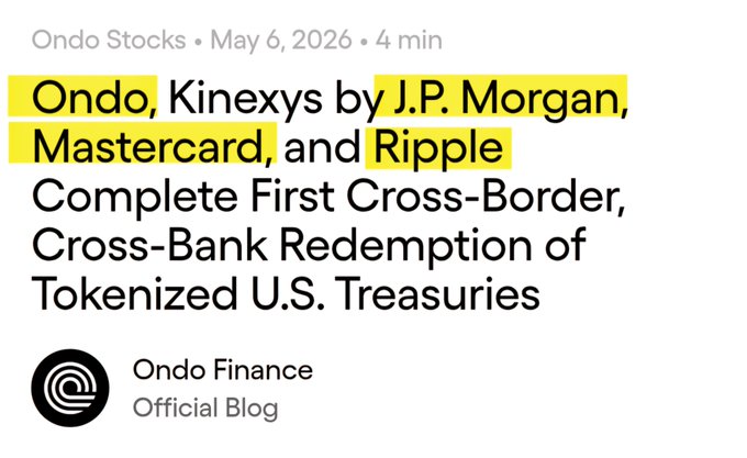 A screenshot of an Ondo Finance blog post headline dated May 6, 2026, announcing that "Ondo, Kinexys by J.P. Morgan, Mastercard, and Ripple Complete First Cross-Border, Cross-Bank Redemption of Tokenized U.S. Treasuries," with the company names highlighted in yellow to emphasize the key partners mentioned in the post.