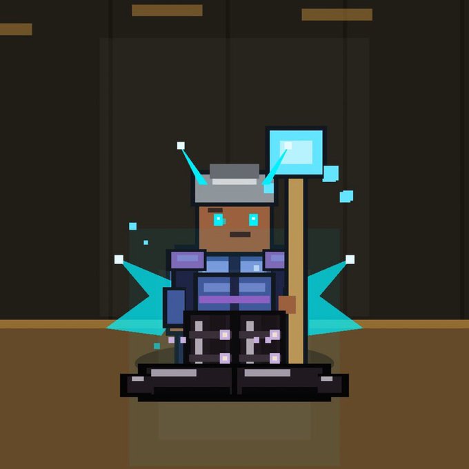The image features a cartoon character with blue eyes wearing a helmet, holding a sword and shield, standing next to a wooden box or chest. The character appears to be a robot-like figure with wings, giving them an air of power and authority. The background is dark, which contrasts with the character's vibrant appearance.

The post includes text that reads "giveaway  30 GTD of muiheroes, a 10,000 supply pixel-art NFT collection built around a fantasy expedition game they've also got spacial themes To enter: @MIUHEROES @mapemanftcircle @like + rt this post @ndrop your address good luck". The character's position and the surrounding environment suggest that they are in a room or area with wooden walls, possibly a castle or fortress.
