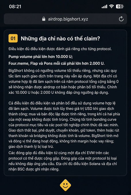 A screenshot from airdrop.bigshort.xyz in Vietnamese, detailing volume requirements (Pump volume >10,000U; Four.meme/Flap/Pons >2,000U) for eligible addresses to claim an airdrop, mentioning protocols like Bonkbot and weighted bonding curves.