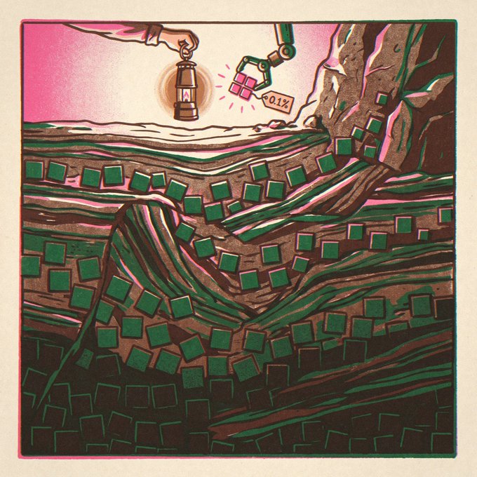 A stylized illustration showing a hand holding a lantern on the surface while a robotic claw extracts small green cubes from layered underground strata, labeled with '0.1%'.