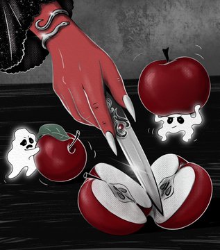 A stylized illustration shows a red hand with long white nails cutting into a dark red apple, revealing a small white ghost figure inside, with other apples and tiny ghosts scattered around.